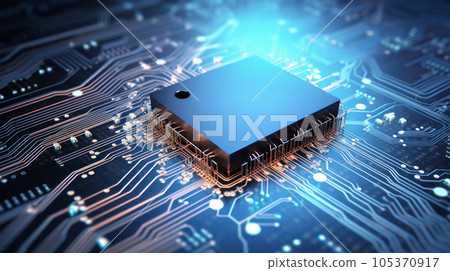 Advanced Technology Concept Visualization: Circuit Board CPU Processor Microchip Starting Artificial Intelligence Digitalization of Neural Networking and Cloud Computing. Digital Lines Move Data Advanced Technology Concept Visualization: Circuit Board CPU Processor Microchip Starting Artificial Intelligence Digitalization of Neural Networking and Cloud Computing. Digital Lines Move Data 105370917