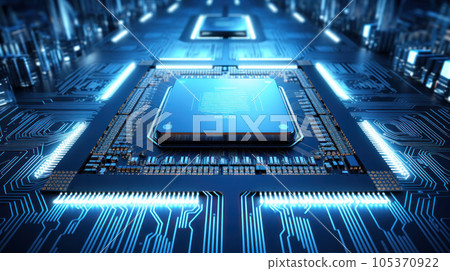 Advanced Technology Concept Visualization: Circuit Board CPU Processor Microchip Starting Artificial Intelligence Digitalization of Neural Networking and Cloud Computing. Digital Lines Move Data Advanced Technology Concept Visualization: Circuit Board CPU Processor Microchip Starting Artificial Intelligence Digitalization of Neural Networking and Cloud Computing. Digital Lines Move Data 105370922