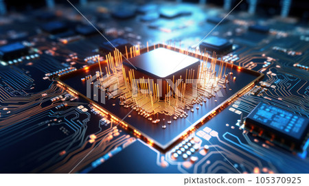 Advanced Technology Concept Visualization: Circuit Board CPU Processor Microchip Starting Artificial Intelligence Digitalization of Neural Networking and Cloud Computing. Digital Lines Move Data Advanced Technology Concept Visualization: Circuit Board CPU Processor Microchip Starting Artificial Intelligence Digitalization of Neural Networking and Cloud Computing. Digital Lines Move Data 105370925