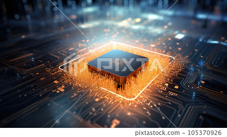 Advanced Technology Concept Visualization: Circuit Board CPU Processor Microchip Starting Artificial Intelligence Digitalization of Neural Networking and Cloud Computing. Digital Lines Move Data Advanced Technology Concept Visualization: Circuit Board CPU Processor Microchip Starting Artificial Intelligence Digitalization of Neural Networking and Cloud Computing. Digital Lines Move Data 105370926