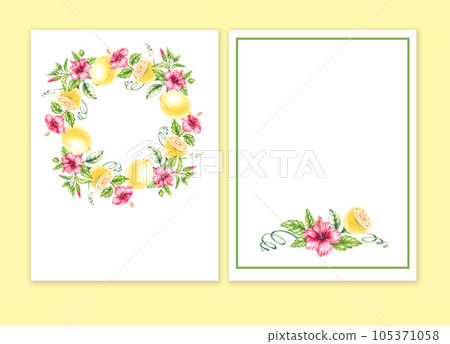 Watercolor Lemon and Hibiscus Flowers card on White Background 105371058