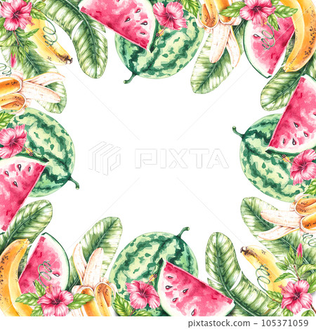 Watercolor Lemon, Hibiscus Flowers, watermelon, banana Frame 105371059