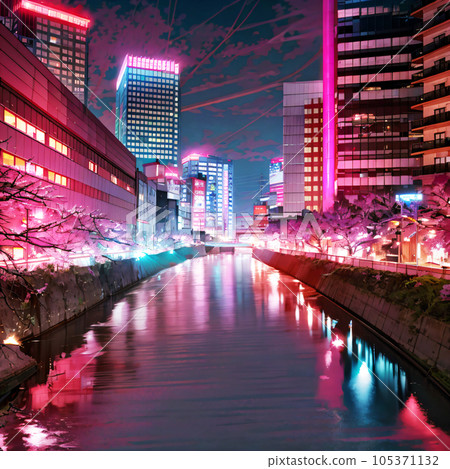 AI image Gotanda Cherry blossom trees and buildings image 105371132