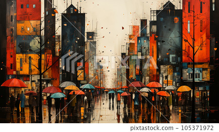 以立體主義的表現手法描繪雨後的街角 105371972