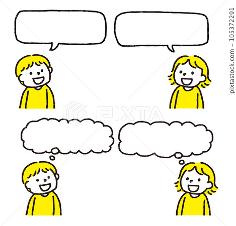 微笑交談，男孩和女孩思考，用氣球聊天式 105372291