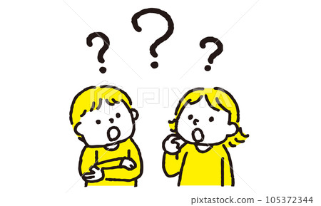 Boy and girl looking up and thinking? mark Boy and girl looking up and thinking? mark 105372344