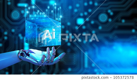 Robot hand holding Ai Processor chip of Cube Technology. Big data storage, Cloud computing, Machine learning, Ai blockchain technology. Artificial intelligence learnability Concept. 3D illustration. 105372578