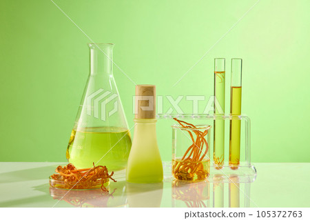 On the green background, lab equipments containing cordyceps and essence decorated with a mockup bottle unbranded. Front view. Scene for advertising cosmetic product of cordycep extract On the green background, lab equipments containing cordyceps and essence decorated with a mockup bottle unbranded. Front view. Scene for advertising cosmetic product of cordycep extract 105372763
