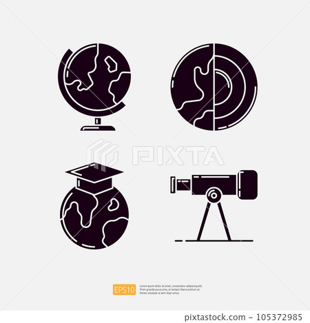 globe earth model, core of earth, graduation hat, telescope. geography knowledge and education icon. science and school vector illustration globe earth model, core of earth, graduation hat, telescope. geography knowledge and education icon. science and school vector illustration 105372985