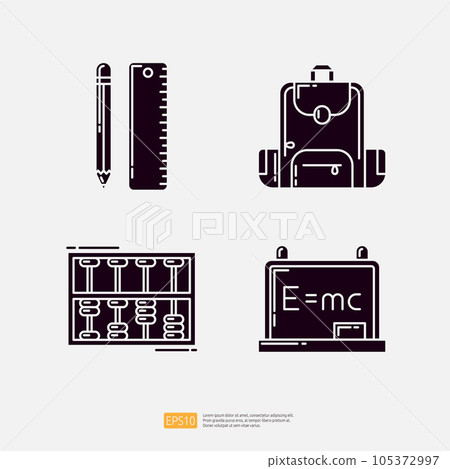 pencil and ruler, backpack, abacus math equipment, energy equivalence formula on whiteboard. knowledge and education icon. science and school vector illustration 105372997