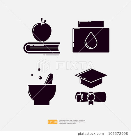Apple on the book, ink bottle, naturopathic medicine, graduating hat and certificate. knowledge and education icon. science and school vector illustration 105372998