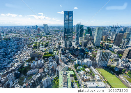 A bird's-eye view of the refreshing blue sky and the skyscrapers of the big city of Tokyo | Tokyo 105373203
