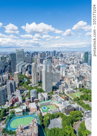 A bird's-eye view of the refreshing blue sky and the skyscrapers of the big city of Tokyo | Tokyo 105373204