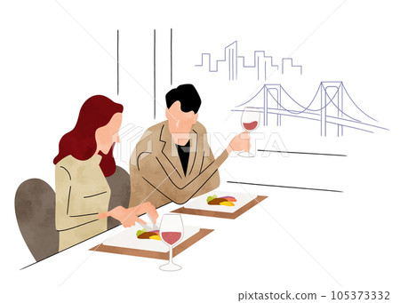 矢量插畫素材：晚上吃飯的男人和女人 105373332