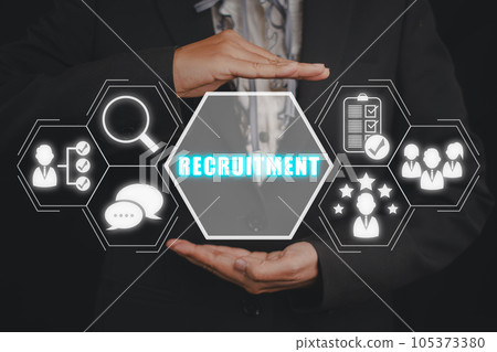 Recruitment concept. Businessman hand holding recruitment icon on virtual screen. 105373380