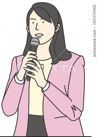 A woman in a collarless jacket who speaks with a microphone A woman in a collarless jacket who speaks with a microphone 105373402