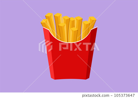 Graphic flat design drawing stylized french fries store logo. Delicious American french fries. Fast food restaurant concept for cafe, shop or food delivery service. Cartoon style vector illustration 105373647