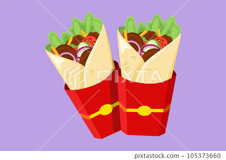 Graphic flat design drawing two fresh delicious shawarma online restaurant logo emblem. Delicious Arabic roll with meat, salad, tomato. Kebab with chicken and onion. Cartoon style vector illustration Graphic flat design drawing two fresh delicious shawarma online restaurant logo emblem. Delicious Arabic roll with meat, salad, tomato. Kebab with chicken and onion. Cartoon style vector illustration 105373660