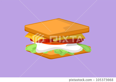 Cartoon flat style drawing fresh delicious American sandwich restaurant logo badge icon. Fast food logotype template concept for cafe, shop or food delivery service. Graphic design vector illustration Cartoon flat style drawing fresh delicious American sandwich restaurant logo badge icon. Fast food logotype template concept for cafe, shop or food delivery service. Graphic design vector illustration 105373668
