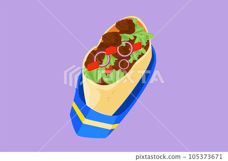 Character flat drawing fresh hot spicy online shawarma shop logo. Delicious Arabic roll with meat, salad, tomato. Kebab with chicken and onion. For restaurant menu. Cartoon design vector illustration 105373671