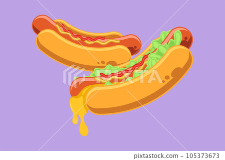 Graphic flat design drawing two fresh American hot dog logo graphic vector illustration. Fast food sandwich cafe menu and restaurant badge concept. Delicious lunch. Cartoon style vector illustration Graphic flat design drawing two fresh American hot dog logo graphic vector illustration. Fast food sandwich cafe menu and restaurant badge concept. Delicious lunch. Cartoon style vector illustration 105373673