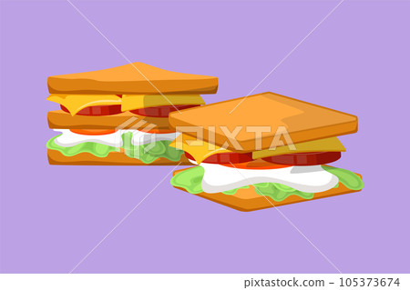 Character flat drawing of two stylized sandwich logo label. Emblem fast food hot dog restaurant. Fast food logotype template for cafe, shop or food delivery service. Cartoon design vector illustration Character flat drawing of two stylized sandwich logo label. Emblem fast food hot dog restaurant. Fast food logotype template for cafe, shop or food delivery service. Cartoon design vector illustration 105373674
