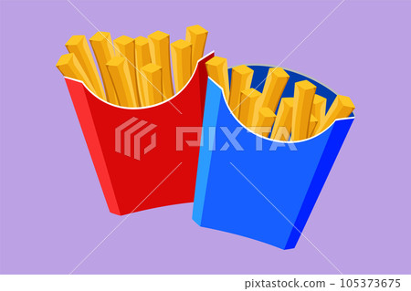 Cartoon flat style drawing two fresh delicious American french fries restaurant logo emblem. Fast food logo template concept for cafe shop or food delivery service. Graphic design vector illustration Cartoon flat style drawing two fresh delicious American french fries restaurant logo emblem. Fast food logo template concept for cafe shop or food delivery service. Graphic design vector illustration 105373675