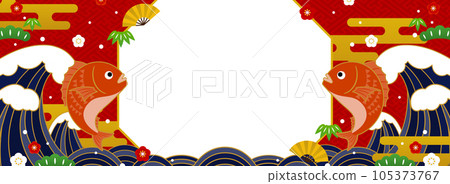 Japanese-style sea bream jumping with big waves, bamboo and plum frames and background materials (horizontal for banners) 105373767