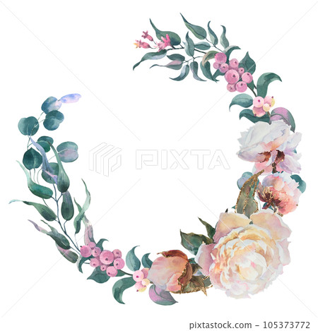Wreath of peonies, white flowers peonies watercolor, eucaliptus branches, floral clip art. Bouquet perfectly for printing design on invitations, cards, Isolated on white background Wreath of peonies, white flowers peonies watercolor, eucaliptus branches, floral clip art. Bouquet perfectly for printing design on invitations, cards, Isolated on white background 105373772