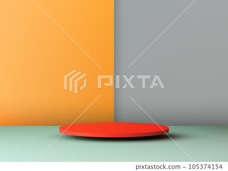 3D Red Podium Stand on Blue Floor with Yellow and Gray Background 105374154