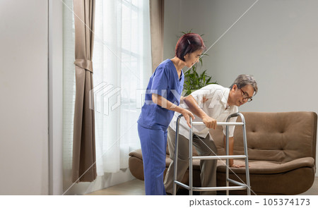 Caregiver takecare older man that having Sarcopenia or muscle loss. Sarcopenia is a degenerative disease of the muscle usually caused by the natural consequence of aging. Caregiver takecare older man that having Sarcopenia or muscle loss. Sarcopenia is a degenerative disease of the muscle usually caused by the natural consequence of aging. 105374173