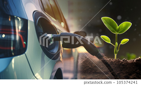EV car power charging. electric vehicle with electric connector and sapling plant. green environment concept. generative AI 105374241