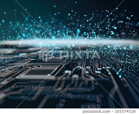 abstract futuristic digital landscape particles on circuit board. abstract futuristic digital landscape particles on circuit board. 105374526