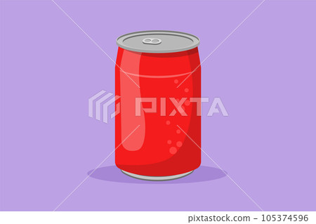 Graphic flat design drawing stylized soft drink on aluminium can label. Emblem drink store concept for cafe shop or food delivery service. Refreshing drink in summer. Cartoon style vector illustration 105374596