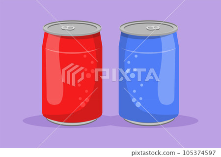 Cartoon flat style drawing stylized soft drink on aluminium can label. Emblem drink store concept for cafe shop or food delivery service. Refreshing drink in summer. Graphic design vector illustration 105374597