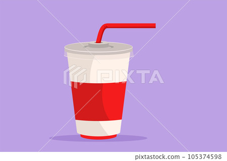 Character flat drawing fresh soft drink on plastic glass logotype. Cafe menu and restaurant badge art concept. Street food icon symbol. Refreshing drink in summer. Cartoon design vector illustration 105374598