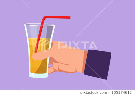 Graphic flat design drawing hand holding glass of soft drink. Male hand holding fresh sweet soft drink on glass with ice cube. Cafe menu. Refreshing drink in summer. Cartoon style vector illustration 105374612