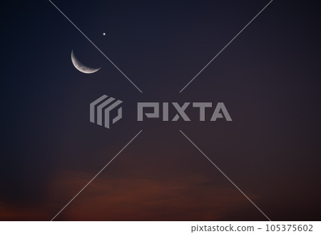 Moon Muharram Mubarak Ramadan Concept,Crecent Moon and Sky Dark Night Background Symbols,New Year Muharram,Eid al-fitr,Arabic Eid Al-adha Backdrop,Kareem Traditional Holy Allah Islam Muslim Sunset. 105375602
