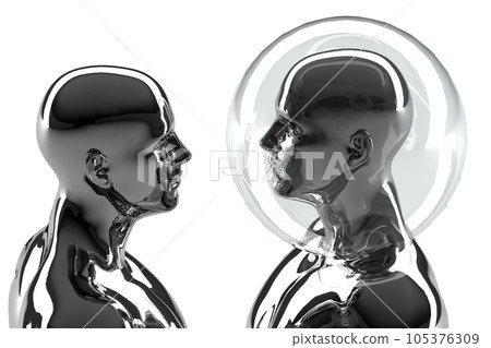 3D illustration. A couple of metal mannequins and one of them in a security bubble.  105376309