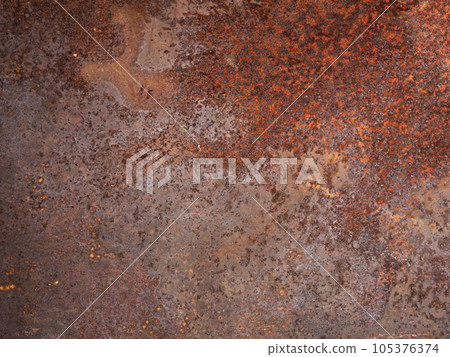 Metal Rust rusty Iron Plate Background, Old Grunge Steel Sheet Copper Brown Paint, Abstract Red Rustic Vintage Wall Pattern Seamless Industry, Retro Frame Texture, Decay Corrosion on Floor Abandoned. 105376374