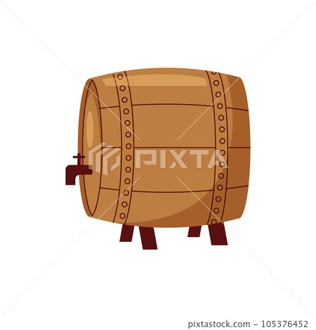 Barrel alcohol. Front view of wooden barrel with rum bar containers faucet hoop decent Barrel alcohol. Front view of wooden barrel with rum bar containers faucet hoop decent 105376452