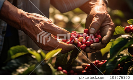 close up hands farmer harvesting arabica coffee bean close up hands farmer harvesting arabica coffee bean 105376590