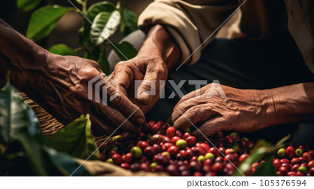 close up hands farmer harvesting arabica coffee bean red cherry close up hands farmer harvesting arabica coffee bean red cherry 105376594