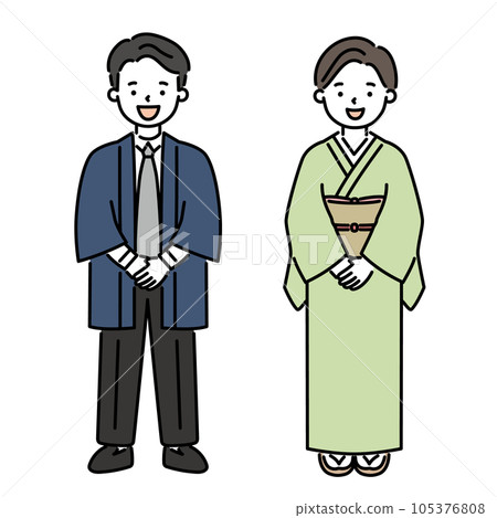 Illustration material of a proprietress wearing a kimono and a young master wearing a happi coat 105376808