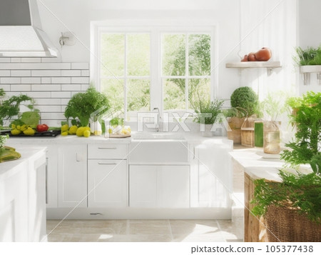 明亮時尚的廚房，白色和綠色的色調 105377438