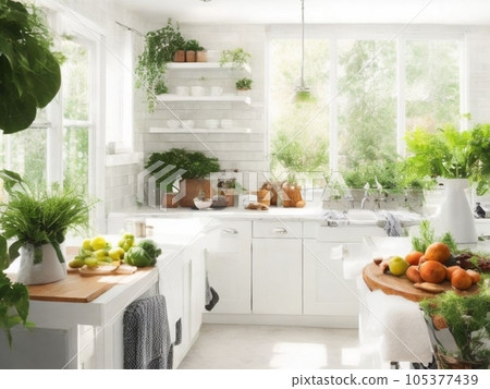 明亮乾淨的白色廚房和盆栽景觀 105377439