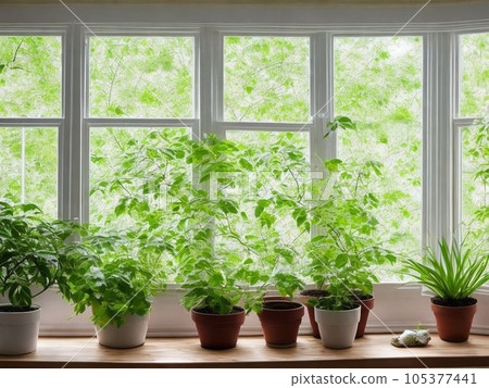 高大寬闊的窗台上擺放著許多觀葉植物 高大寬闊的窗台上擺放著許多觀葉植物 105377441