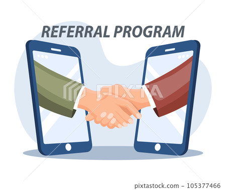 Refer a Friend or Referral Marketing concept. Business people shake hands in a smartphone. Social media marketing for friends. Banner template. Vector. 105377466