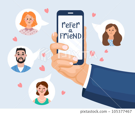 Refer a friend marketing concept. The hand holds the phone. Business partnership strategy with a group of people. Social media marketing for friends. Banner template. Vector. 105377467