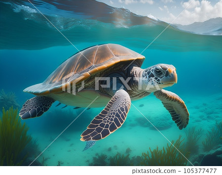 游泳的海龜在水面下 105377477